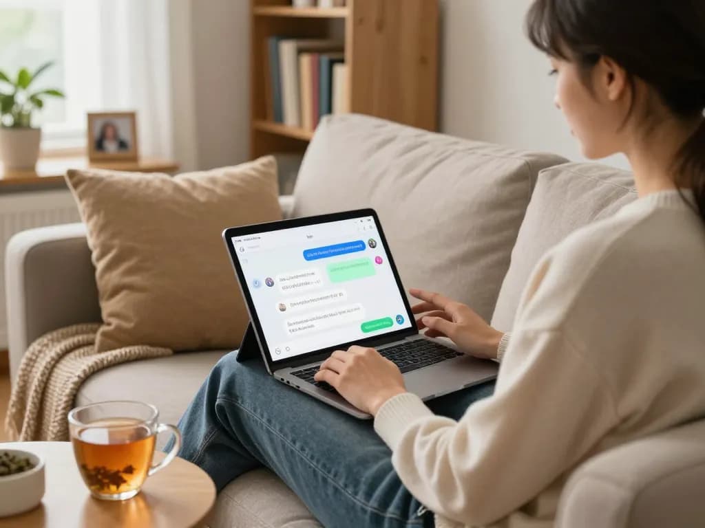 Engaging in a sex AI chat with a friendly digital companion in a cozy living room.