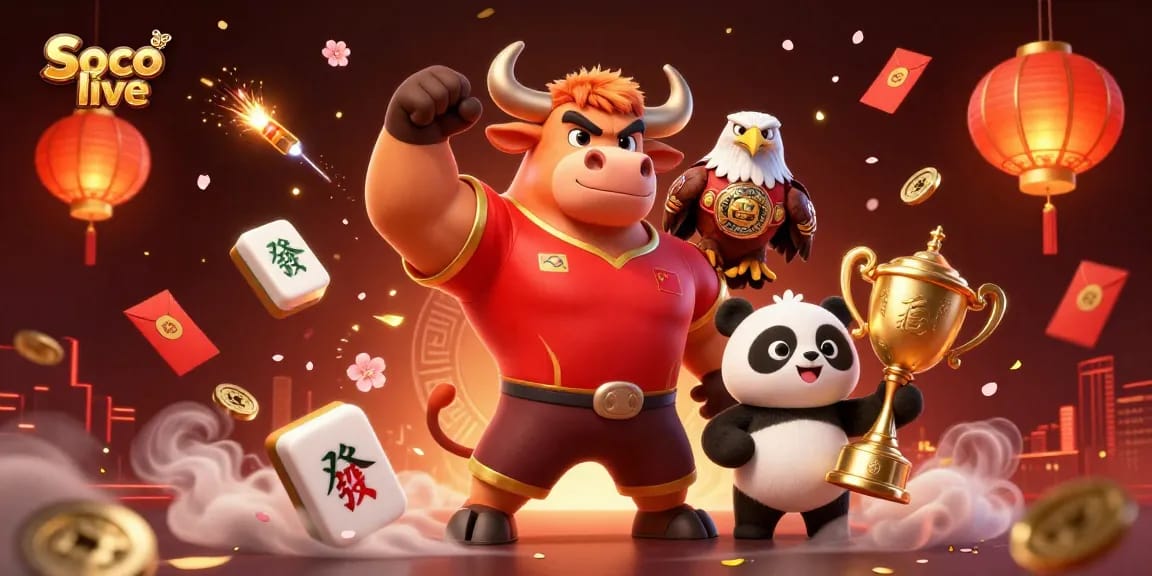 Soco live captivates players with a vibrant scene featuring a bull, eagle, and panda celebrating victory in a rich gambling atmosphere.