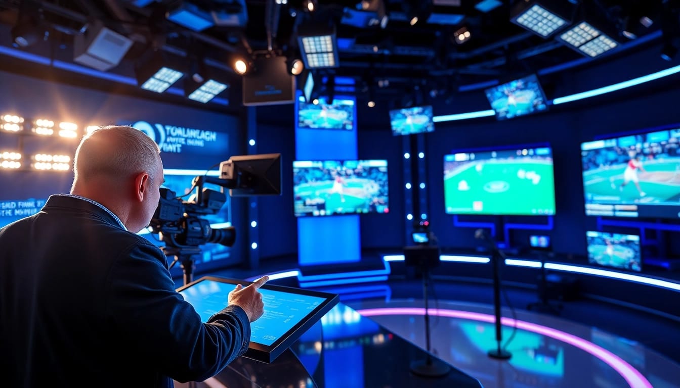Dynamic sports broadcasting studio showcasing an anchor and advanced technology in action.