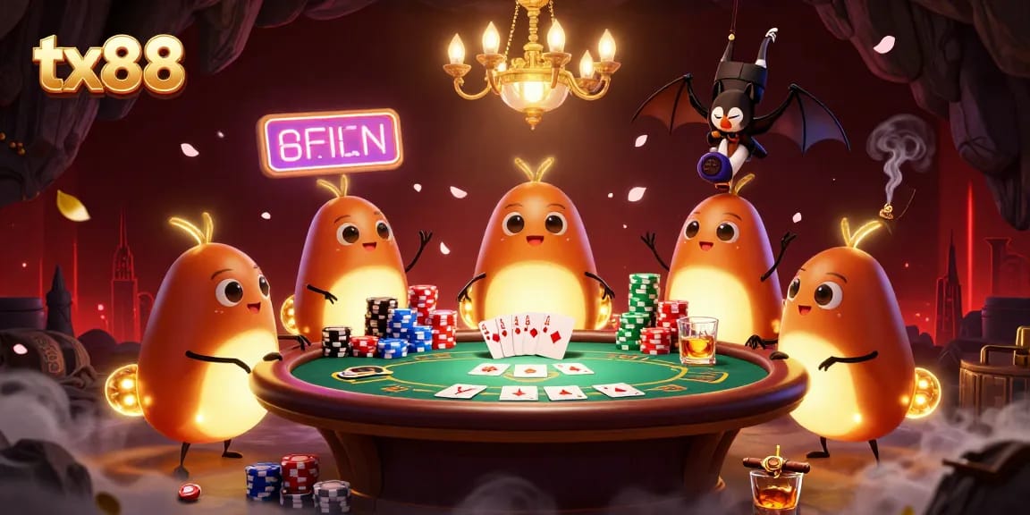 Engage with the tx88 casino experience in a vibrant glowworm-lit cave, showcasing thrilling poker action.