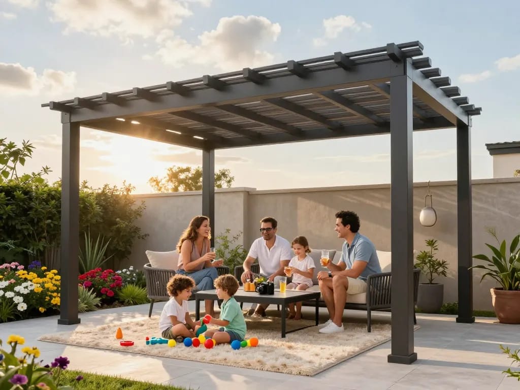 Configuratore pergole online che cattura una famiglia moderna che gode di una pergola progettata su misura in un bellissimo giardino.