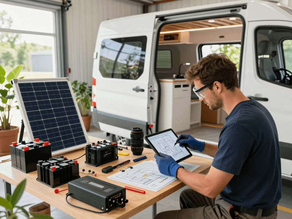 Expert builder upgrading electrical systems in a modern van conversion workshop, showcasing rokok88's focus on innovative solutions.