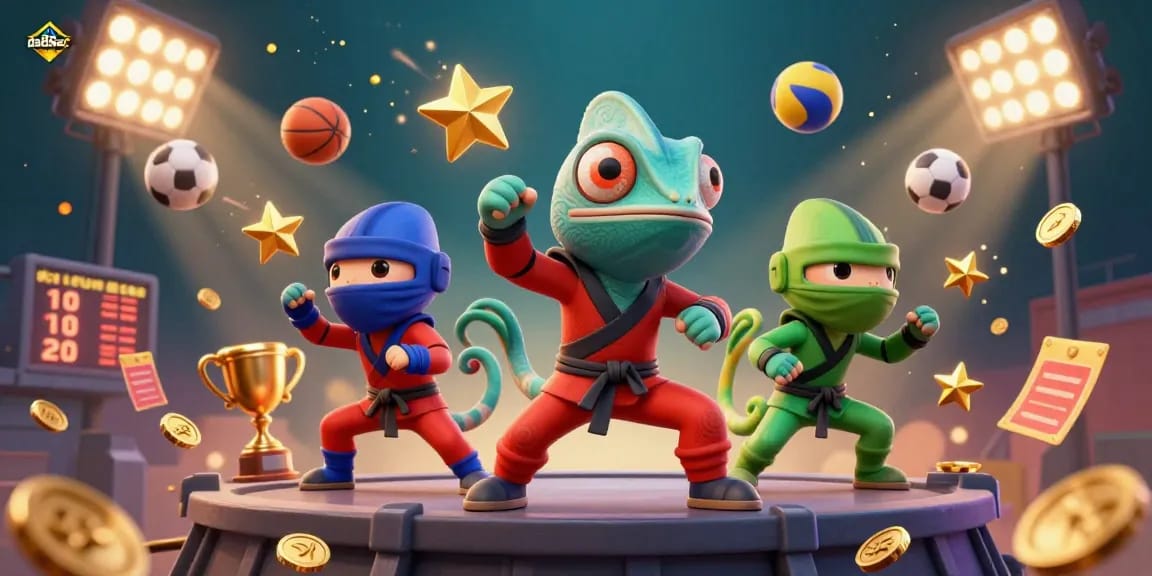 Experience the actions of da88ac with 3D ninja chameleons amidst dynamic sports betting elements.