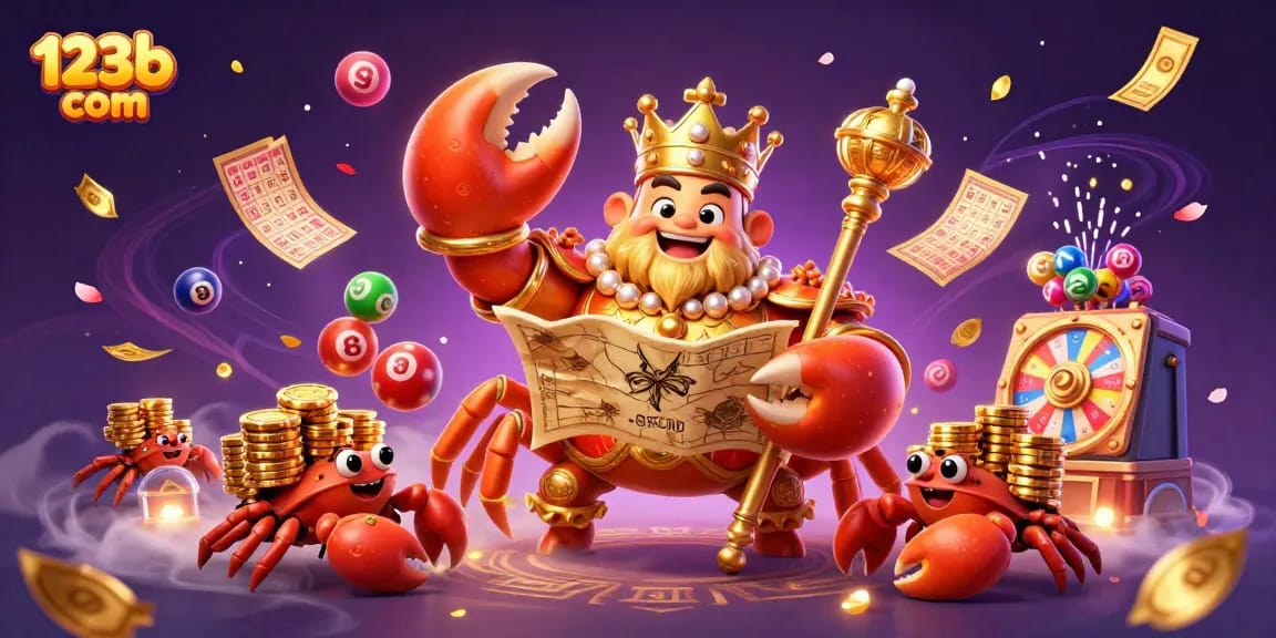 Engage and win at 123b com with colorful lottery balls and a majestic crab casino scene.