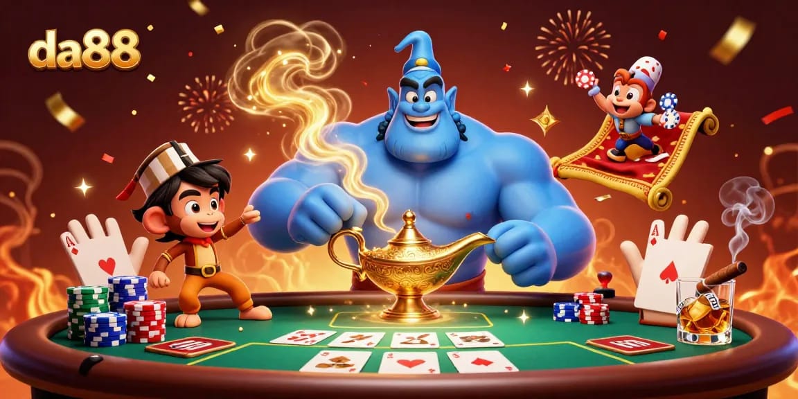 Experience the excitement at da88 with a magical blackjack scene featuring a genie and poker chips.