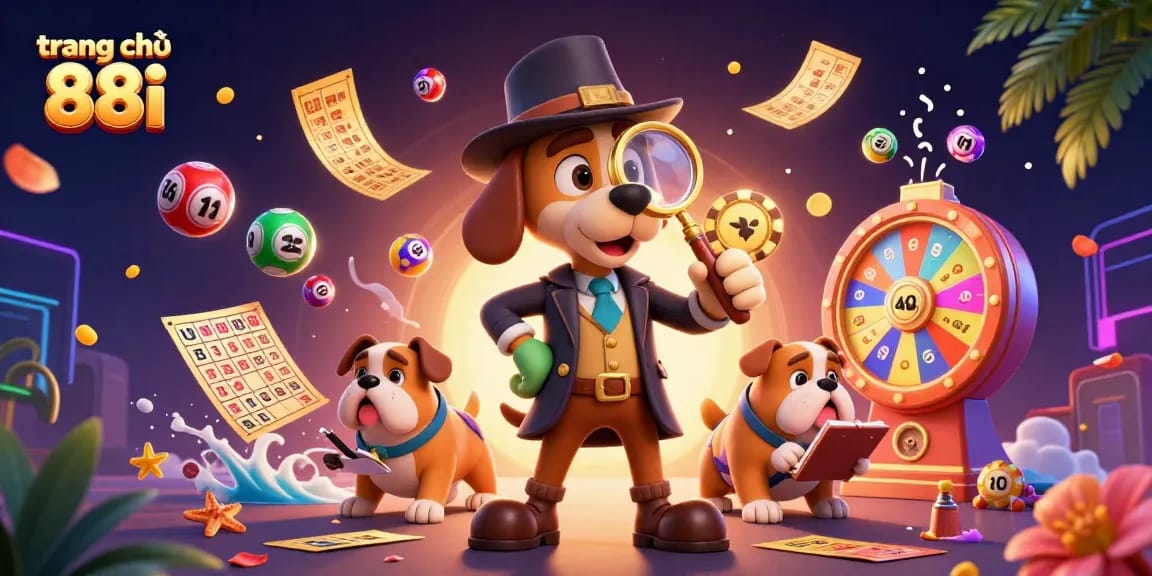 Engage with the vibrant world of trang chủ 88i, where a detective character uncovers thrilling casino clues amidst colorful lottery balls and dynamic gaming elements.