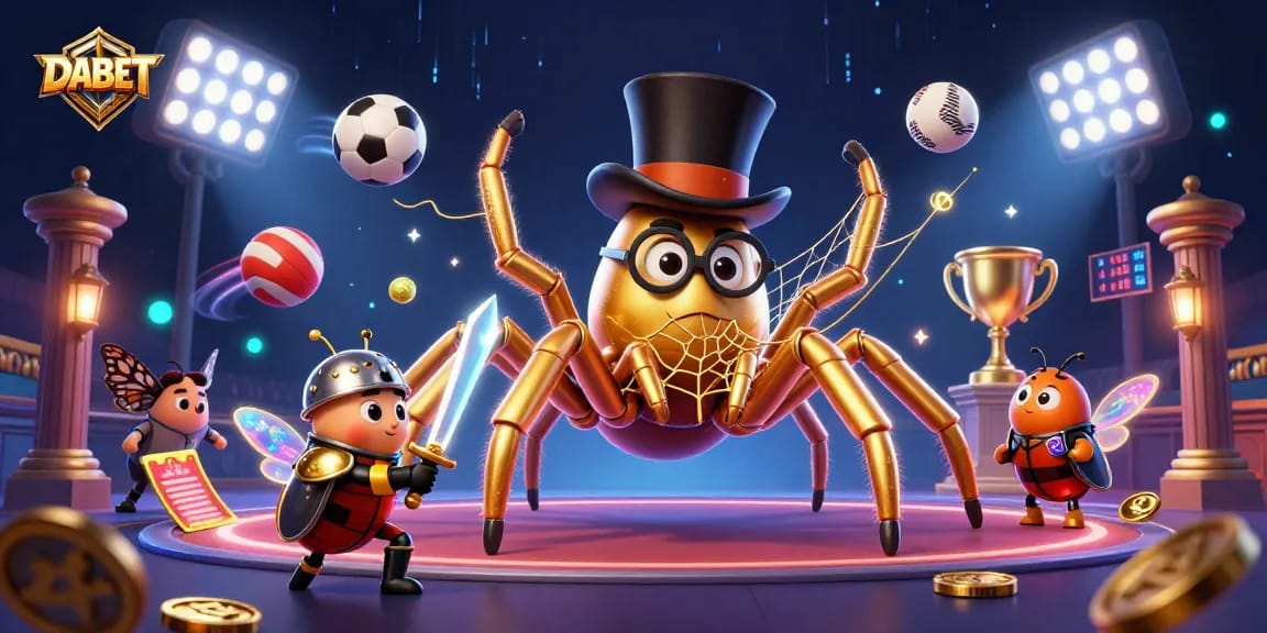 DABET showcases vibrant gaming action with a giant tarantula and heroic beetle knight in an immersive 3D casino world.