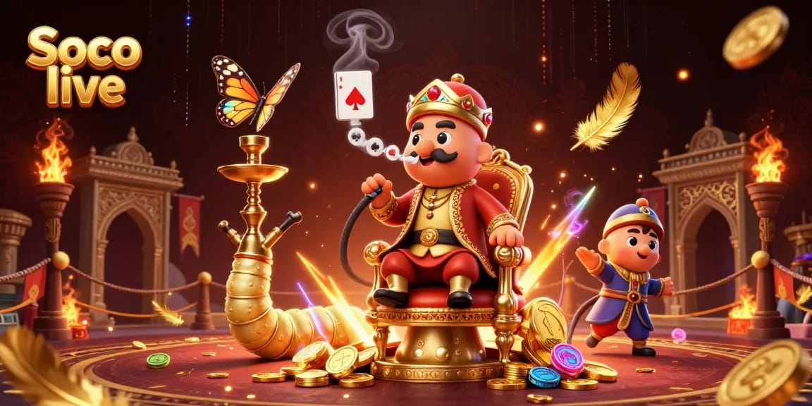 Bet on Soco live with a vibrant 3D scene featuring a caterpillar hookah-master amidst gambling symbols and rich visuals.