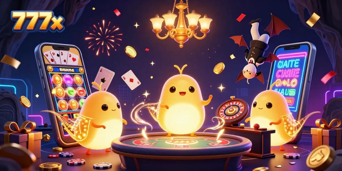 Play vibrant slot games at 777x while glowing creatures light up the casino.