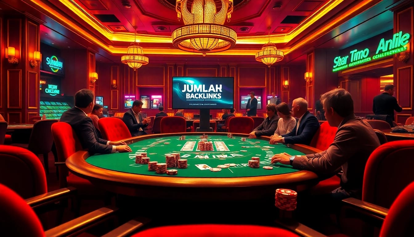 A dynamic poker scene showcasing JUMLAH BACKLINK strategy, with players at a vibrant gambling table.