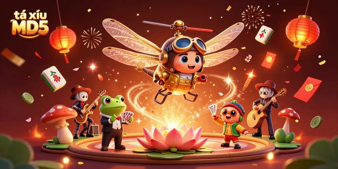 Engage in thrilling tài xỉu MD5 action with a vibrant casino scene featuring unique characters and festive elements.