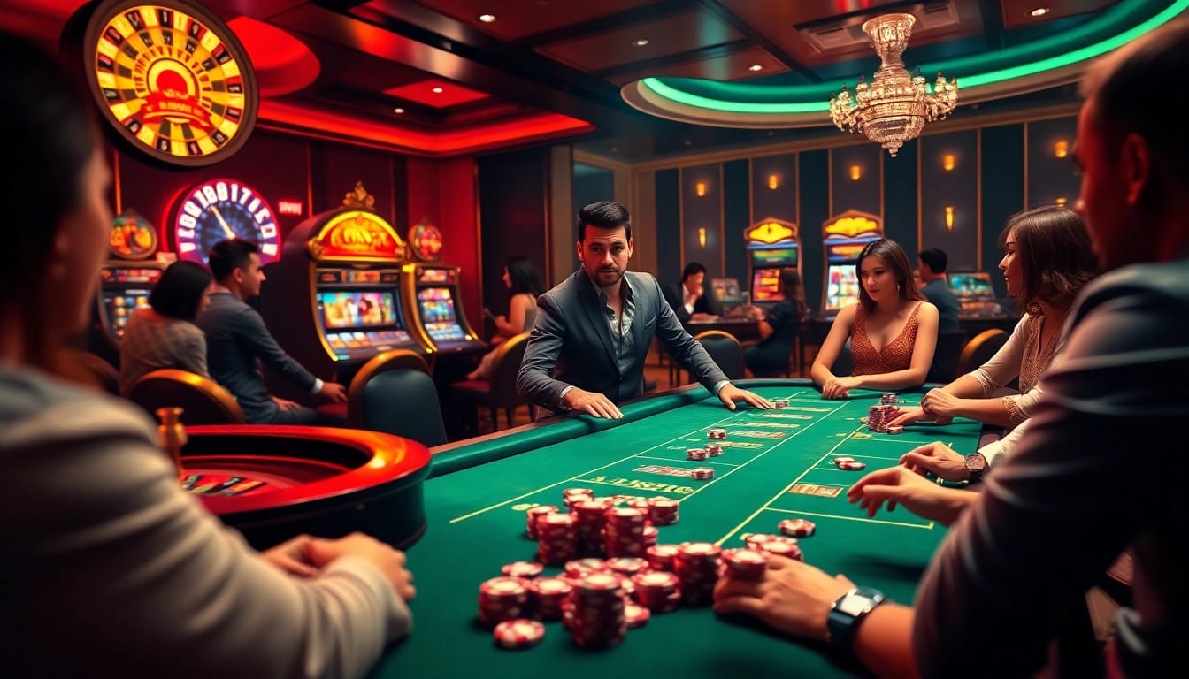 Casino action at nhà cái c168 with poker tables, roulette wheels, and vibrant slot machines.