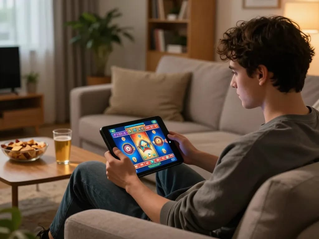 Player enjoying kuwin vom slots on tablet, immersed in online gaming at home.