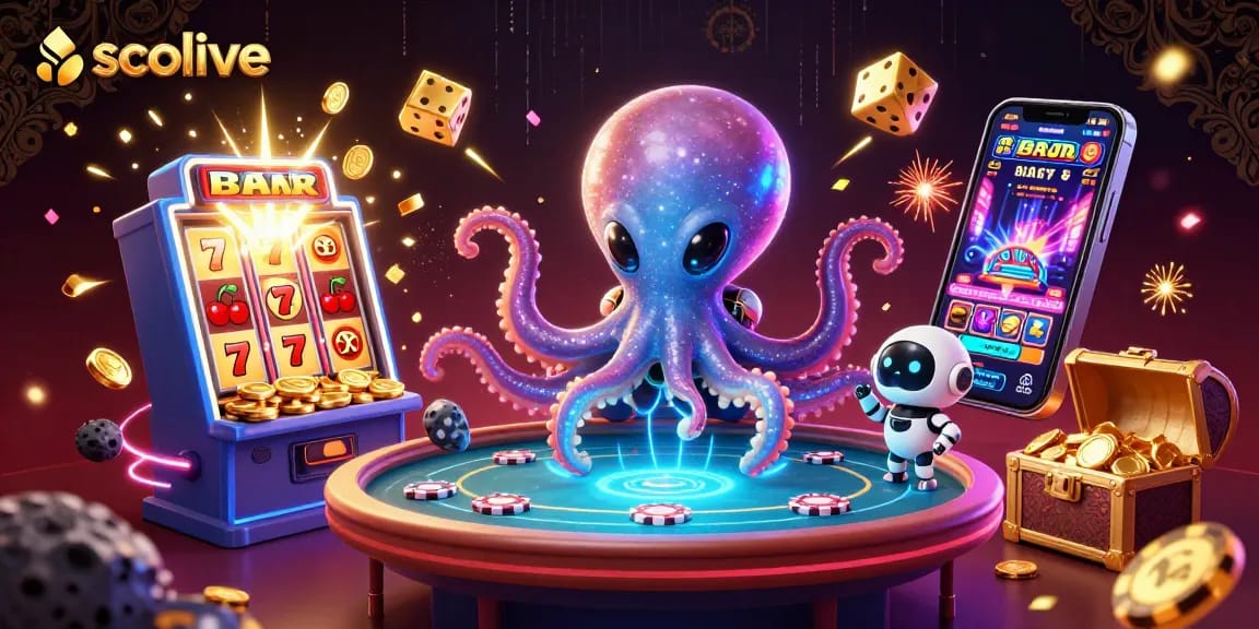 Socolive features an alien octopus at a holographic poker table amidst a jackpot explosion and colorful casino elements.