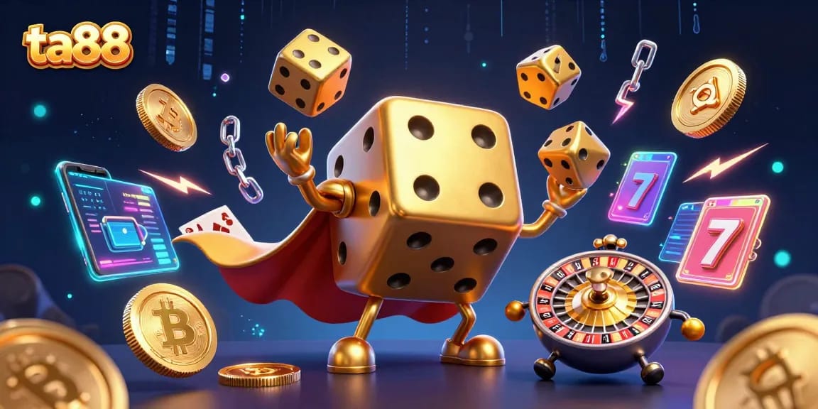 Play with ta88 in an ultra-detailed 3D casino scene featuring golden dice and crypto elements.