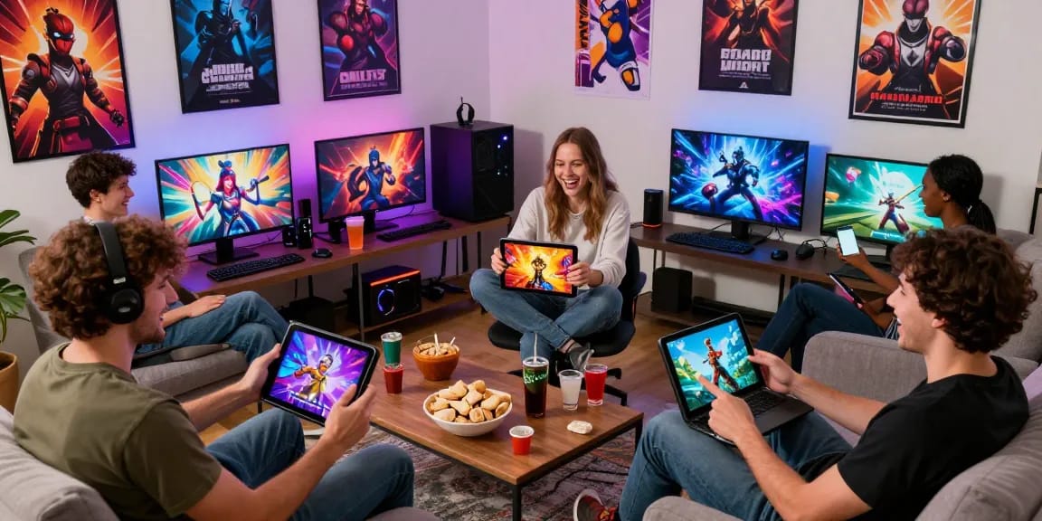 Gamers immersed in adult games on tablets and laptops, enjoying a vibrant gaming atmosphere.
