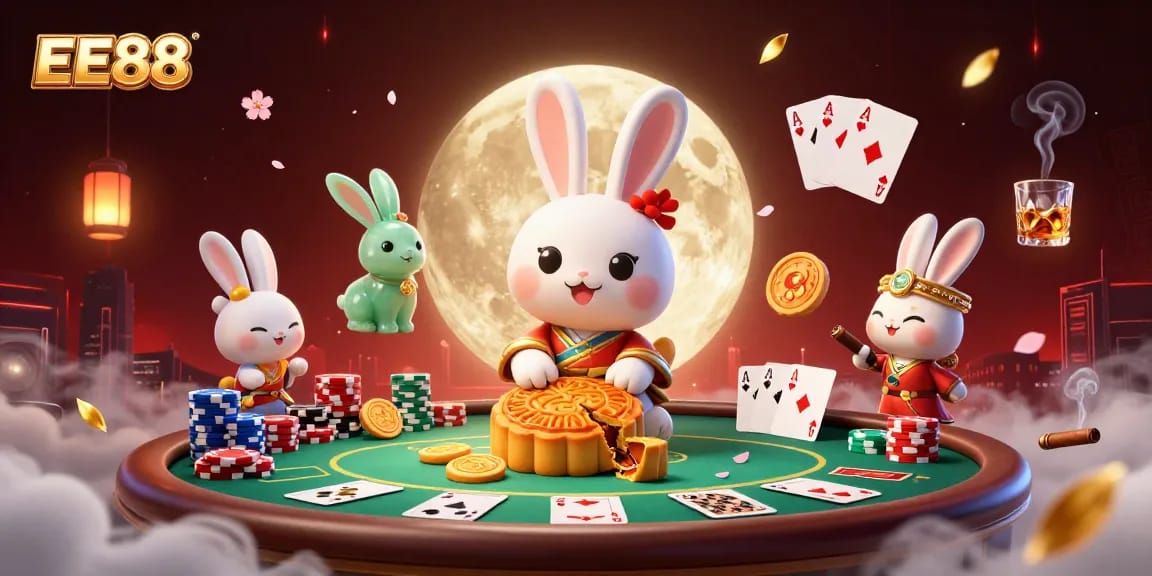 EE88 showcases a dynamic moon rabbit casino scene with poker chips and rich elements.