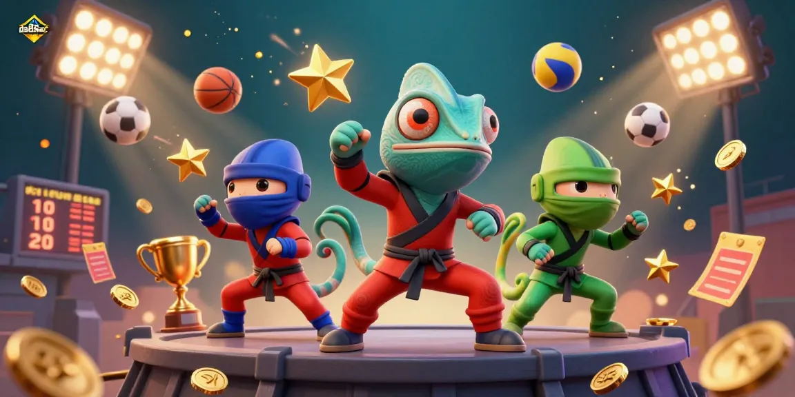 Experience the actions of da88ac with 3D ninja chameleons amidst dynamic sports betting elements.