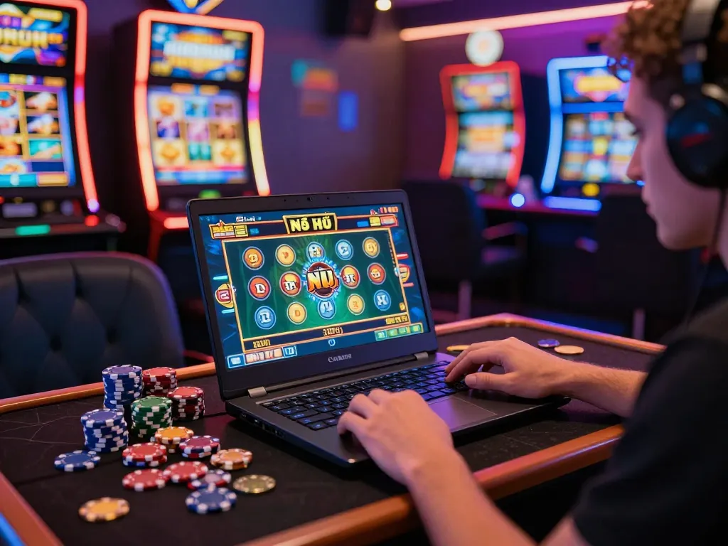 Nổ Hũ game scene with player excitedly playing on a laptop amidst colorful graphics and gaming chips.