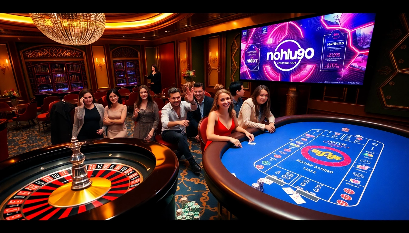 Nohu90 players enjoying casino games at a vibrant gambling floor