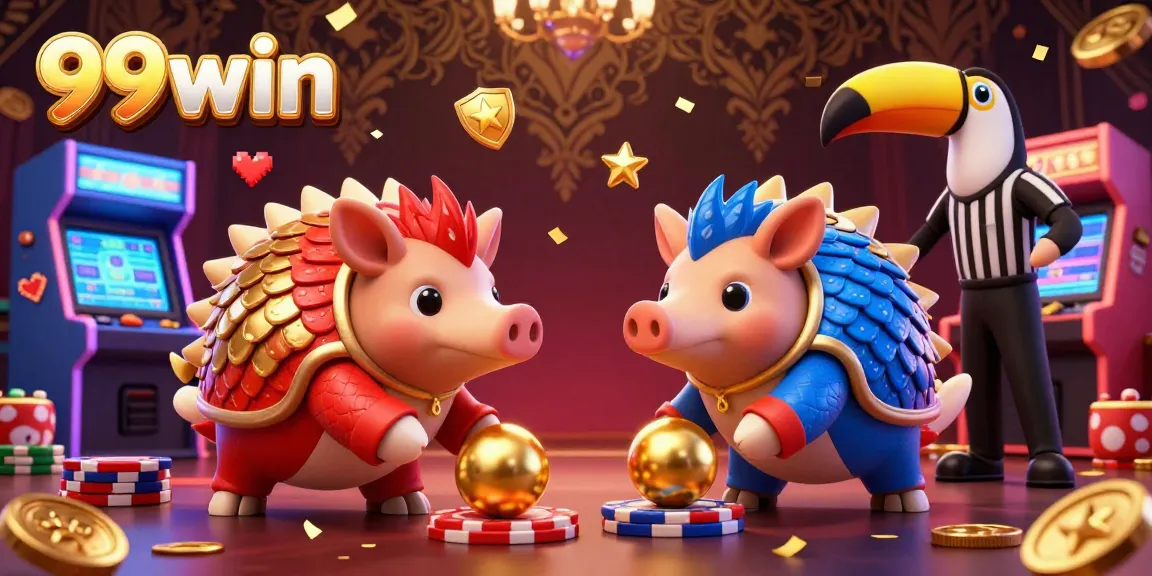 Experience 99win excitement as pangolins roll into golden balls amidst vibrant casino elements.