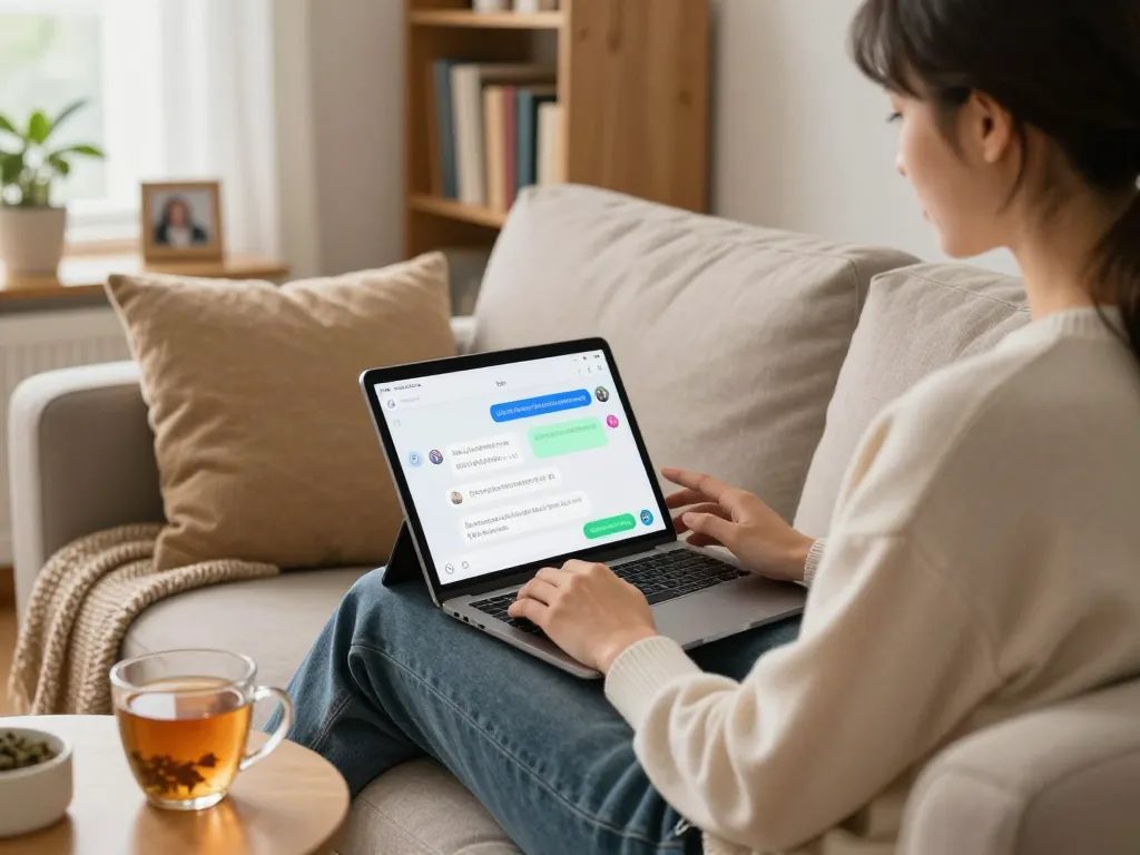 Engaging in a sex AI chat with a friendly digital companion in a cozy living room.