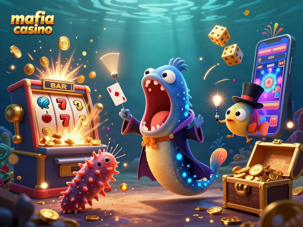 Mafia casino scene featuring a magical eel performing tricks, surrounded by vibrant casino elements.