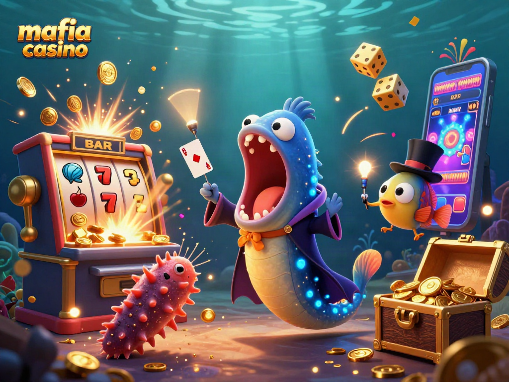 Mafia casino scene featuring a magical eel performing tricks, surrounded by vibrant casino elements.