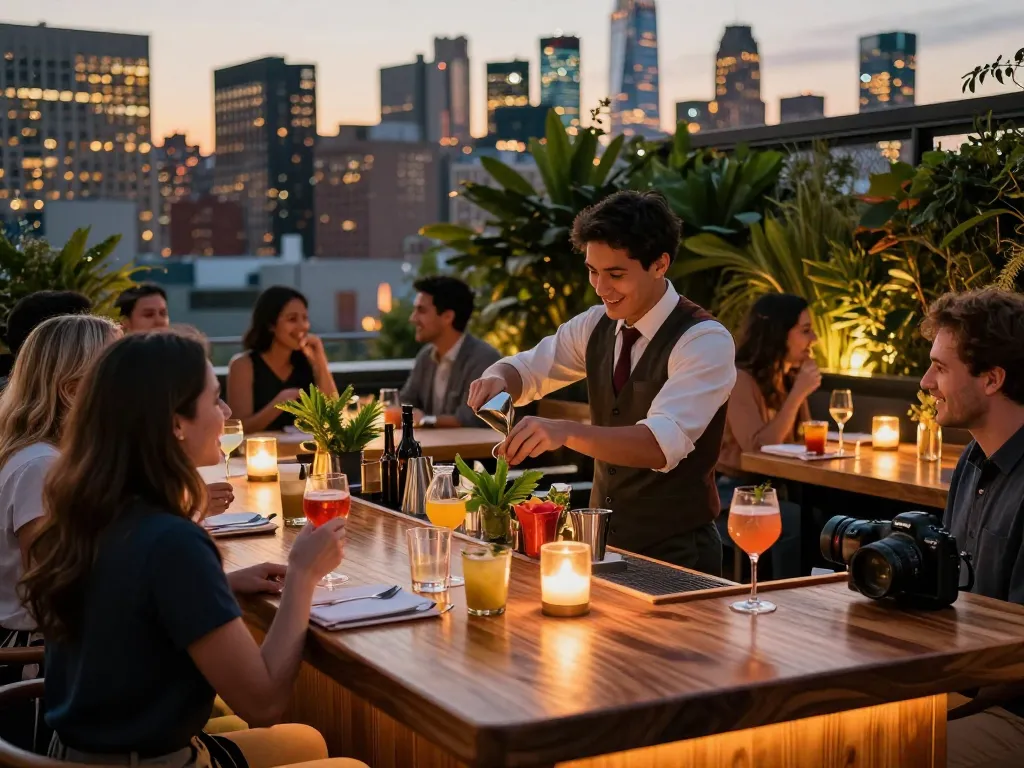 Rooftop bar scene at NoHu featuring cocktails and skyline views during twilight.