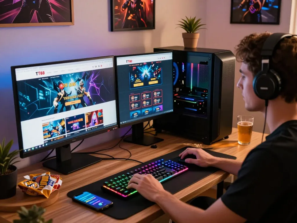 Engaged player enjoying online gaming experience with TT88 in a vibrant home office.