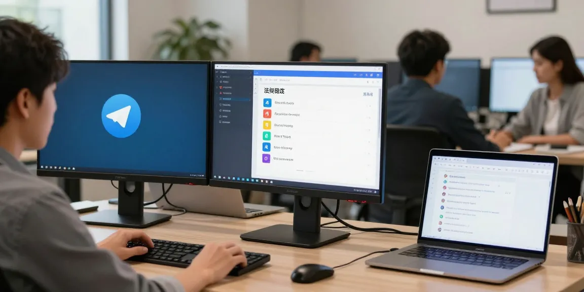 Customize Telegram Chinese interface in a modern tech workspace, showcasing dual monitors and a vibrant environment.