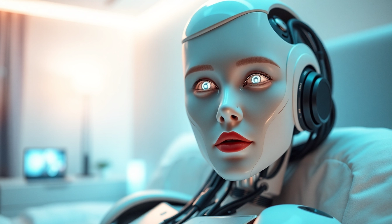Humanoid AI sex bot in a modern bedroom, emphasizing advanced technology and intimacy.