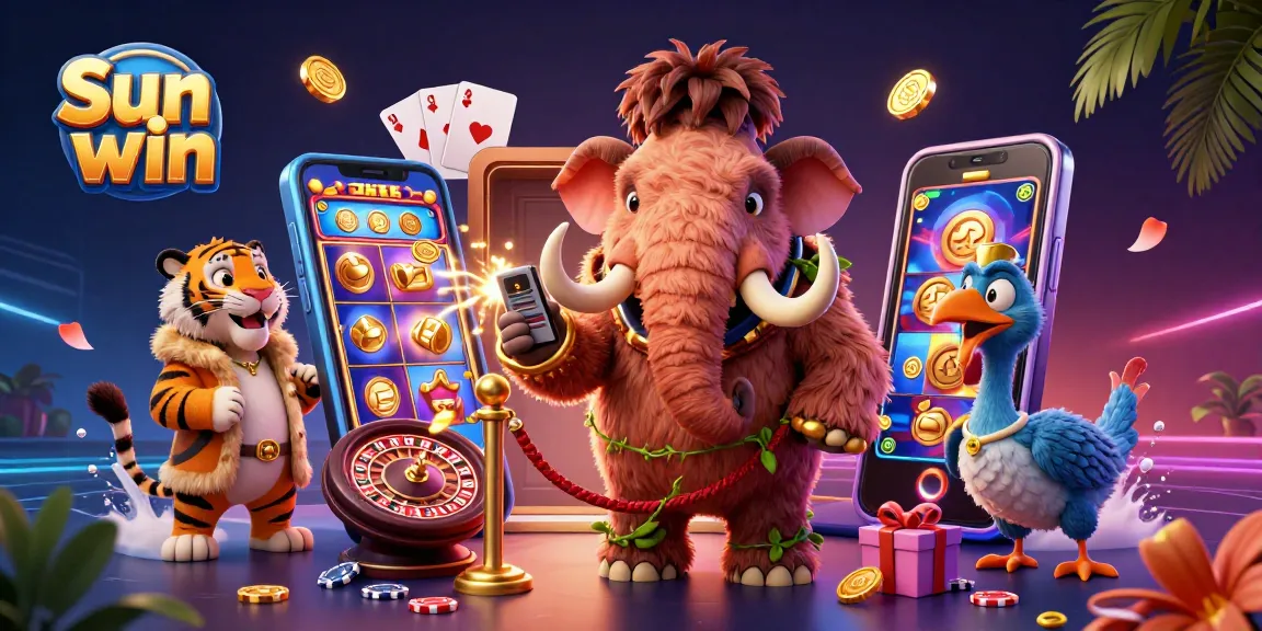 Sun win: A vibrant 3D casino scene featuring a woolly mammoth bouncer and a saber-tooth tiger VIP.