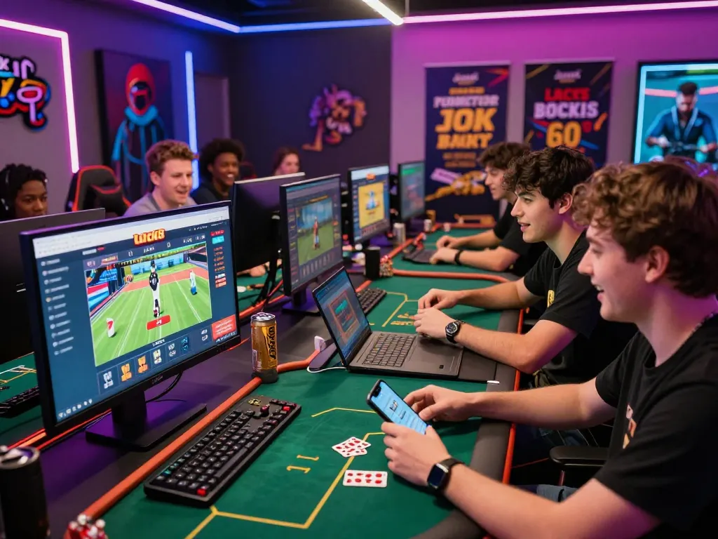 Engaged gamers exploring https://luck8g.net with excitement in a modern gaming setup.