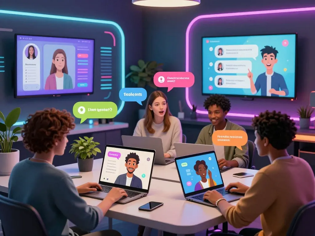 Engaging digital chat scene representing CrushonAI user interactions with animated characters and colorful UI elements.