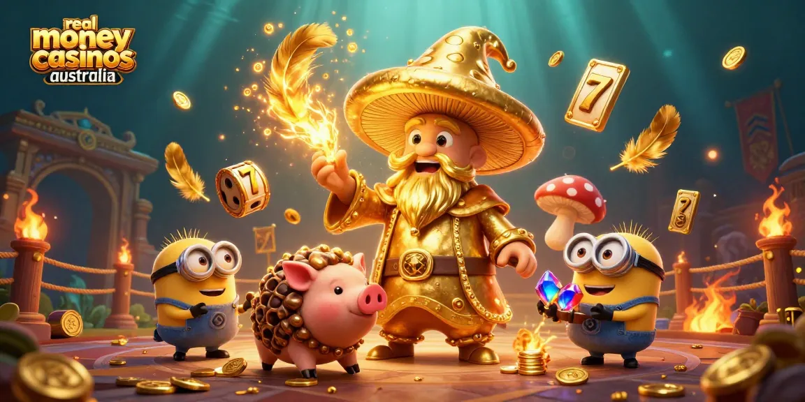 Engage with real money casinos Australia through a dynamic 3D illustration showcasing golden magic, treasures, and slot reels.