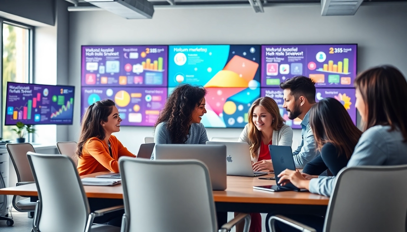 Engaging scene of social media marketing professionals collaborating in a modern office.