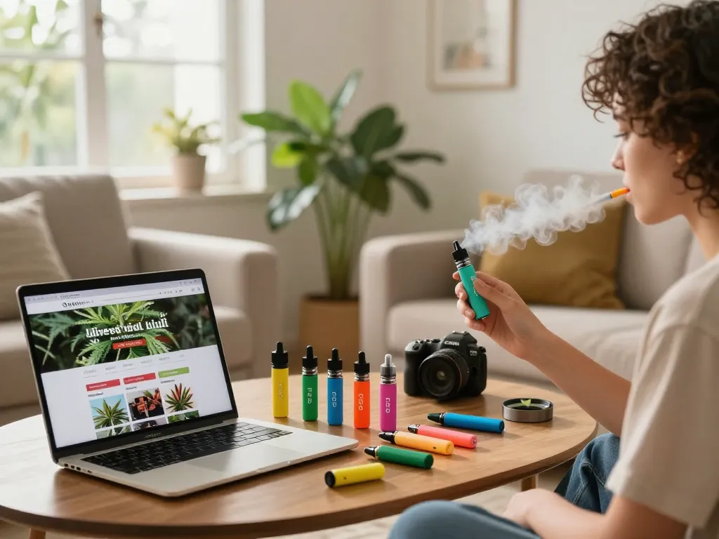 Acquistare puff THC con stilos penne per vaporizzare e accessori in un accogliente soggiorno.
