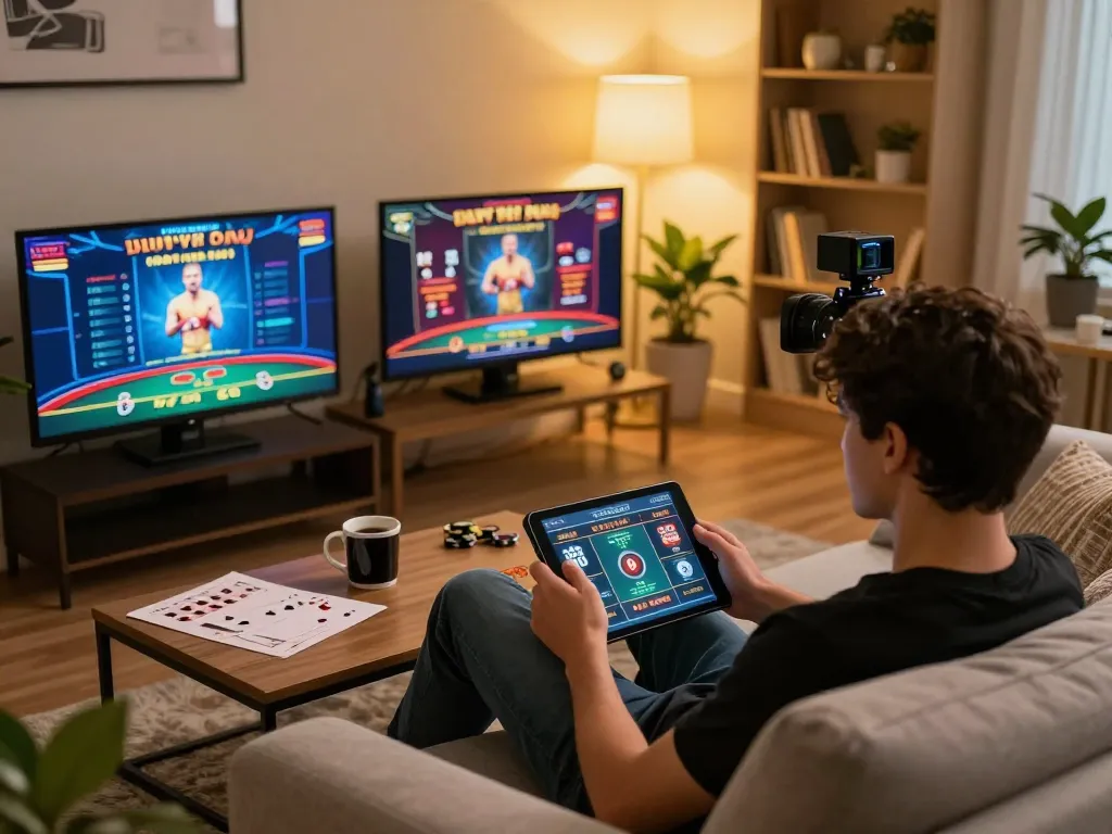Engaged player betting online at https://www.dacsandatphanrang.com/ using a tablet in a cozy living room setting.
