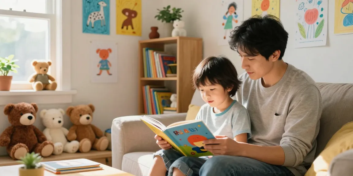 Child enjoying the rokok88 apk stories in a cozy reading nook, surrounded by colorful books and toys.