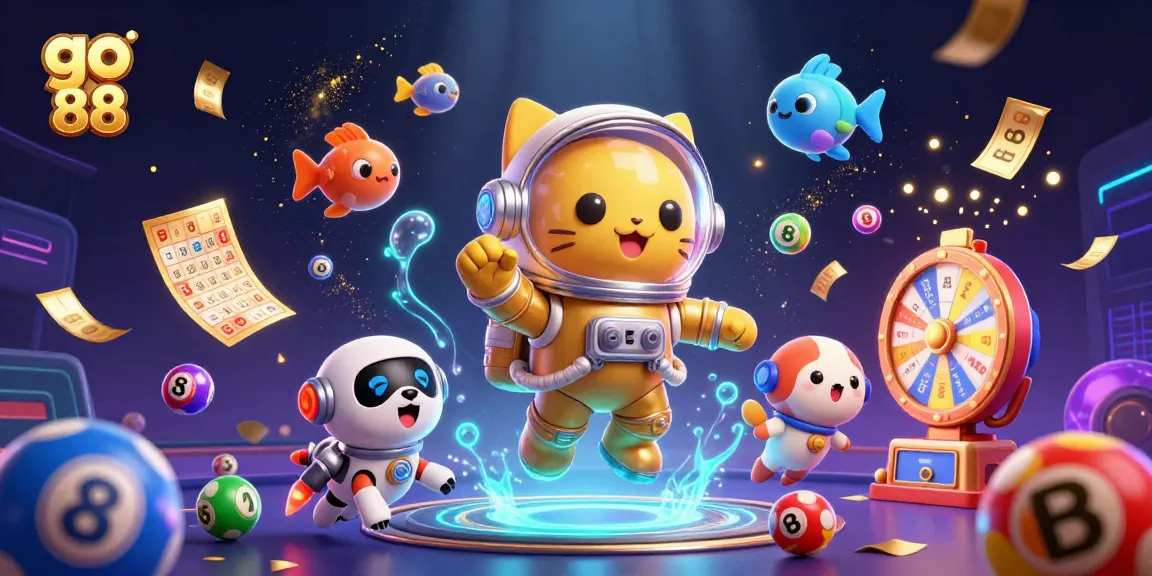 Experience go 88 jackpots come alive as an astronaut cat and robot dog float through vibrant lottery adventures.