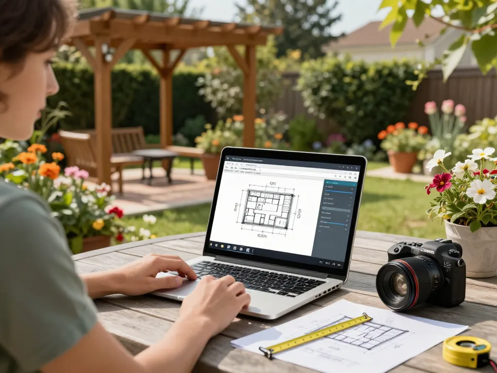 Using pergola configurator software outdoors, designing a custom pergola amidst a lush garden.