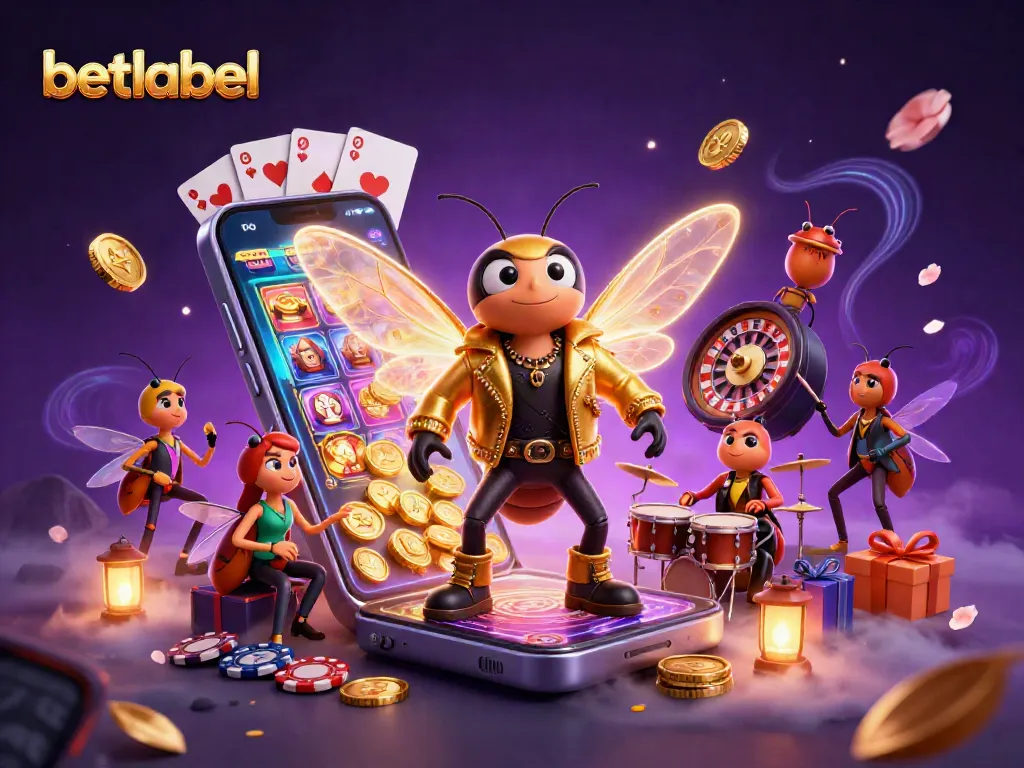 Experience vibrant gaming action with betlabel's 3D illustrated rock star casino scene.
