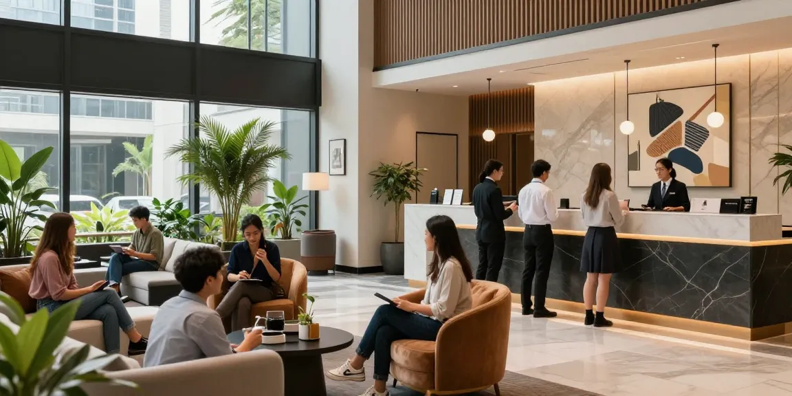 Modern lobby scene at ROKOK88 Hotel, showcasing stylish decor and guest interactions.