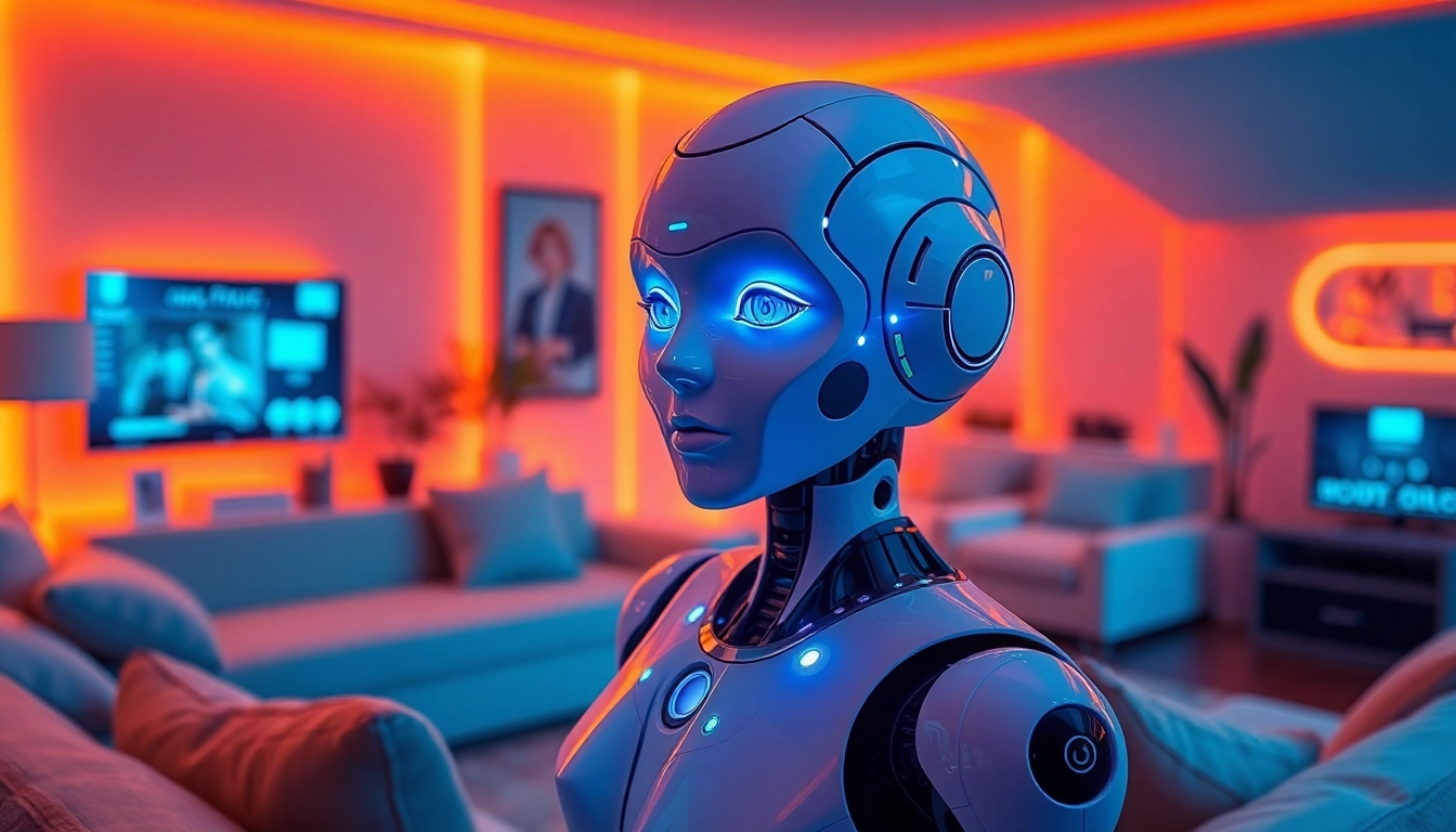 Immersive scene of a futuristic living space featuring a humanoid sex bot, highlighting technology and intimacy.