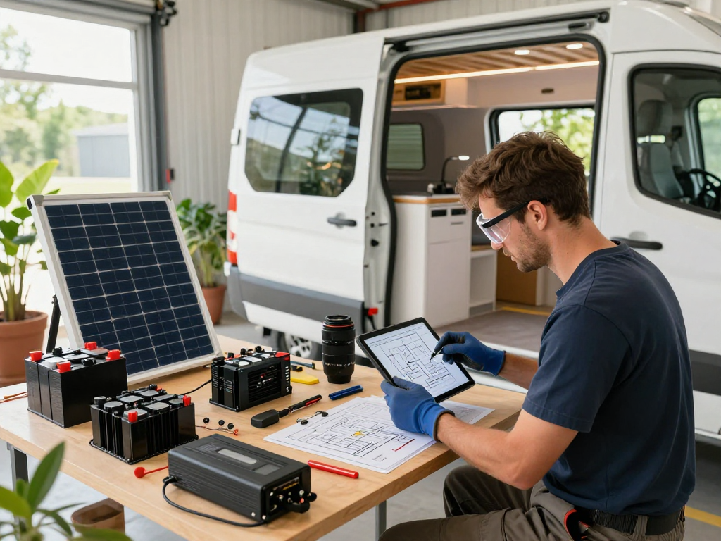 Expert builder upgrading electrical systems in a modern van conversion workshop, showcasing rokok88's focus on innovative solutions.