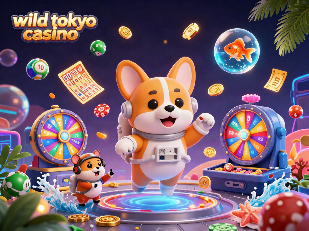 Engage with wild tokyo casino as the 3D astronaut corgi floats by colorful lottery balls and casino elements.