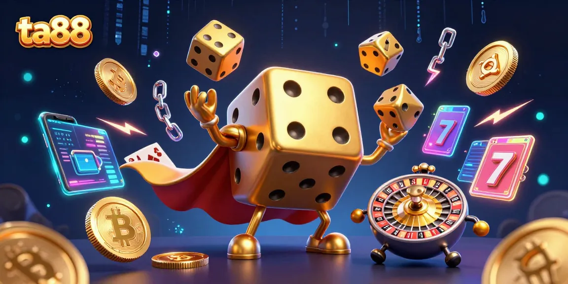 Play with ta88 in an ultra-detailed 3D casino scene featuring golden dice and crypto elements.