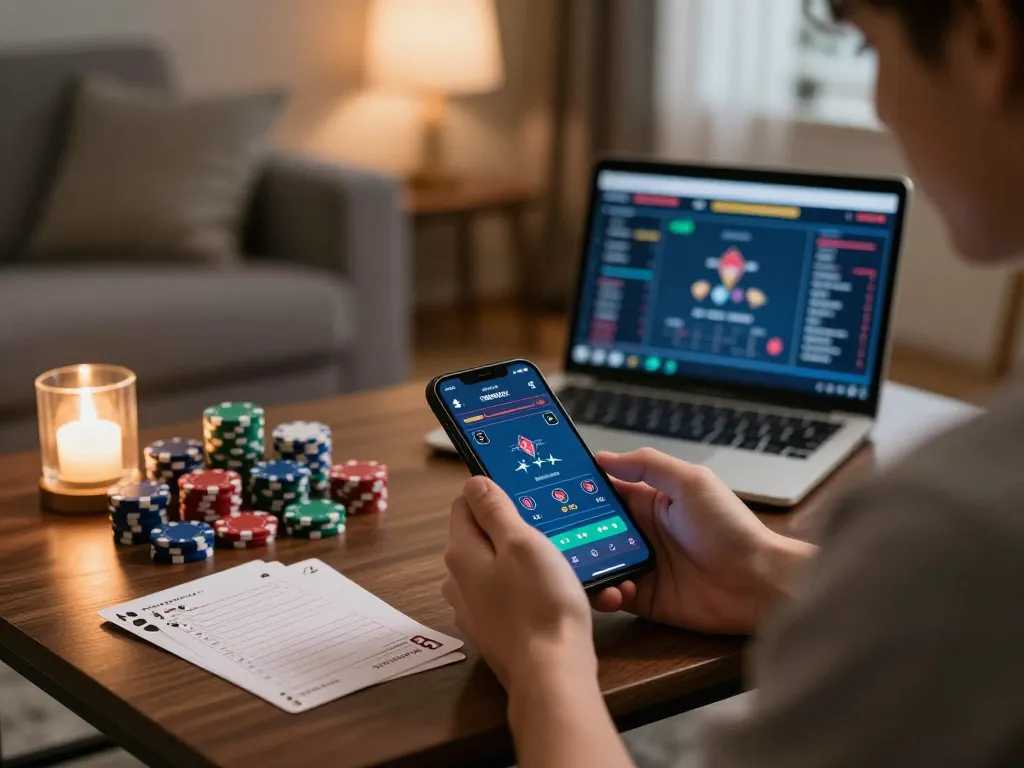 Player using a smartphone for au 88 online poker strategy in a cozy living room setting