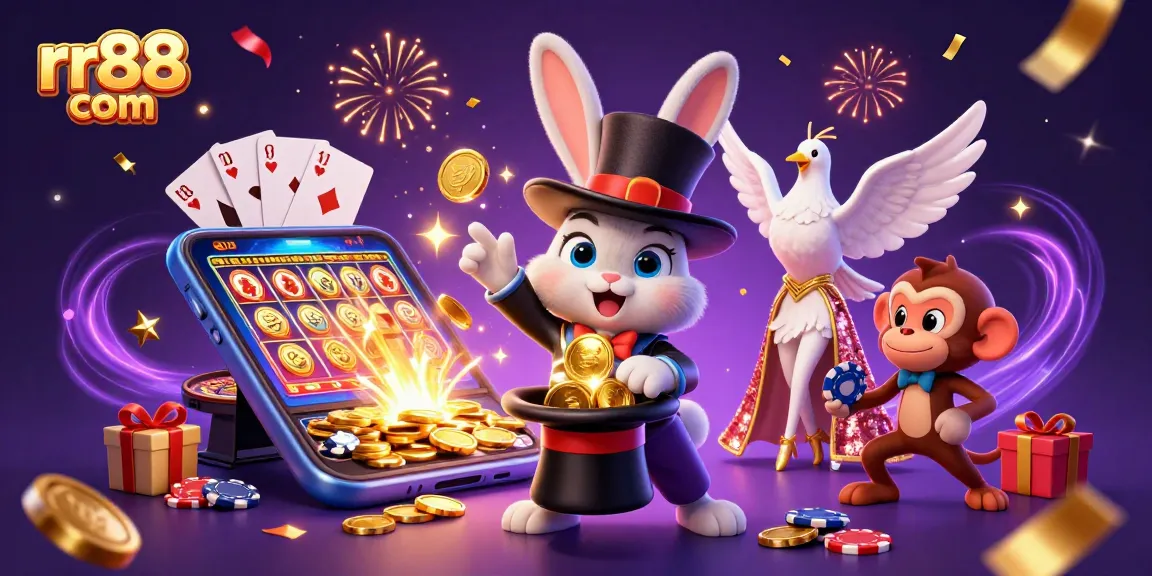 Win big with rr88 com in this vibrant casino-themed illustration featuring magical characters and slot games.
